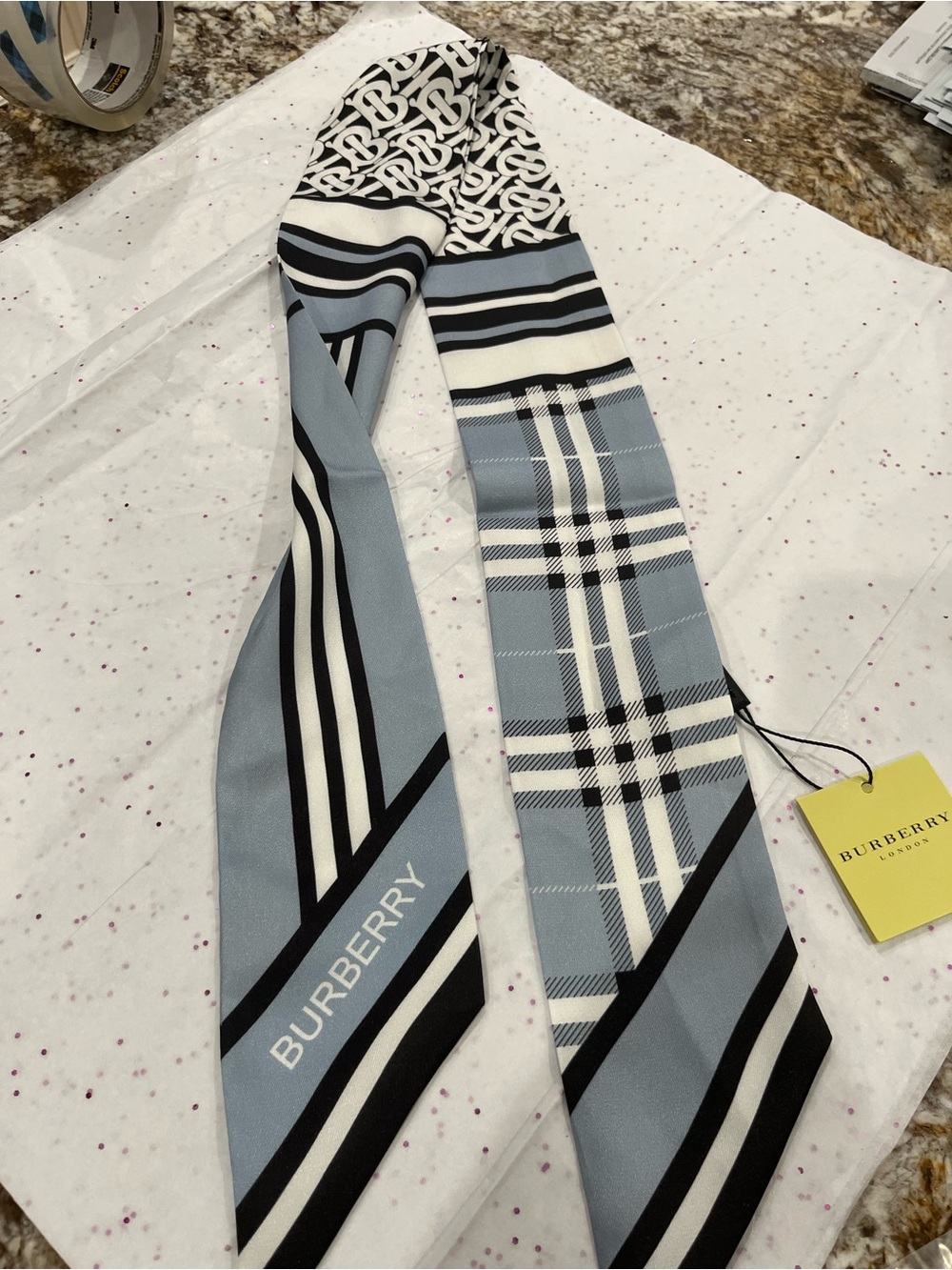 Burberry Blue, Black & White Silk Twilly with Monogram and Check